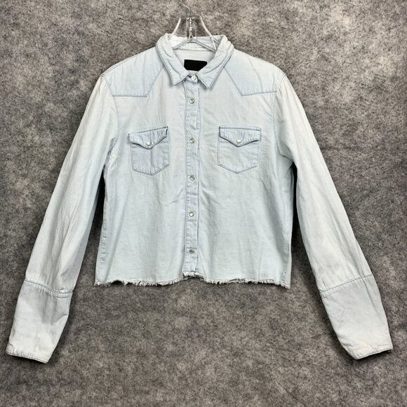 RtA Western Shirt Womens Medium M Blue‎ Light Wash Raw Hem Denim Pearl Snap - Picture 1 of 16